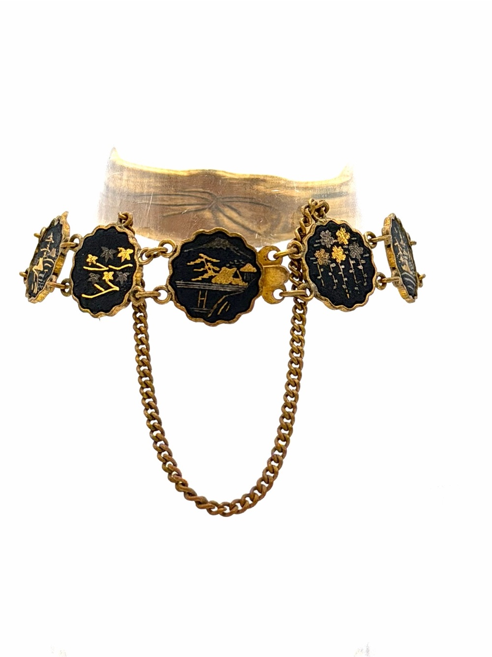 Antique Japanese Damascene Shakudo Woman’s Bracelet Jewelry Asian Scene Brass
